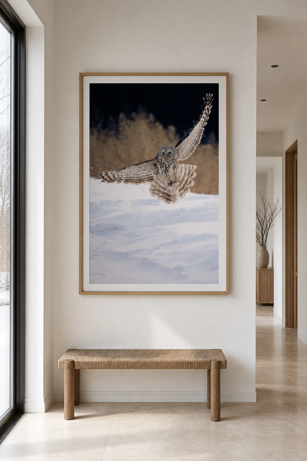 Framed Wild China print above a wooden dresser
