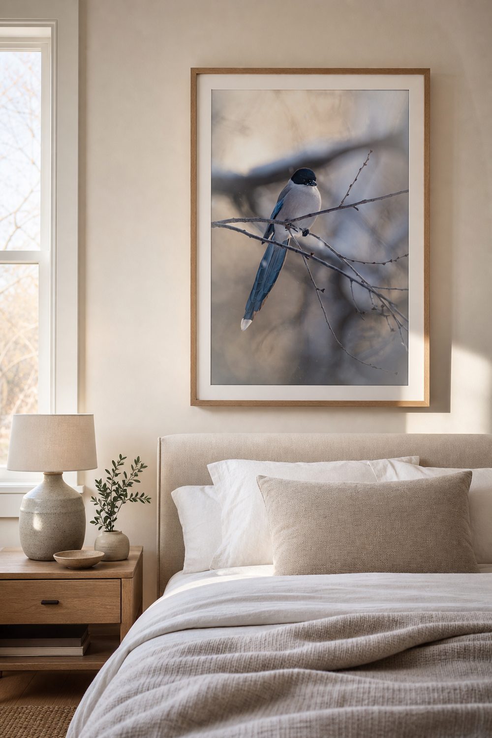Framed Wild China print over a bright bed