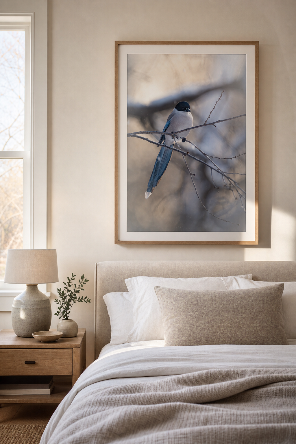 Framed Wild China print over a bright bed