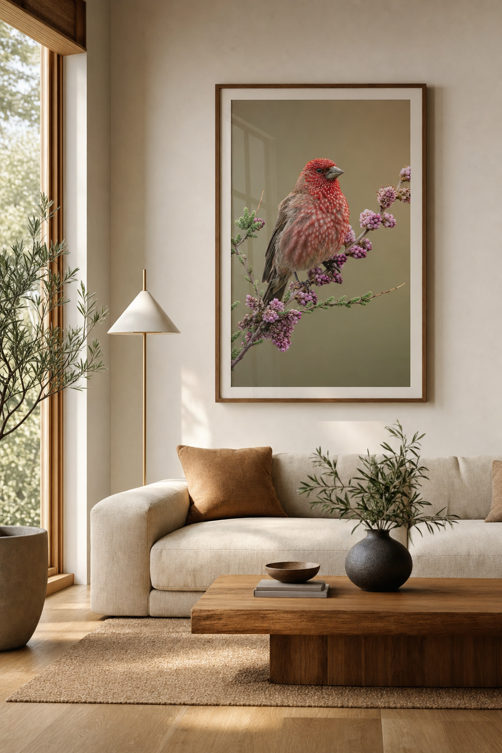 Framed Wild China print in a warm hallway