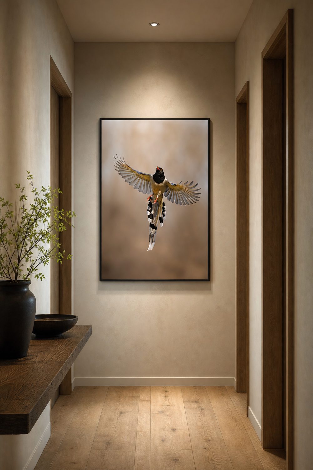 Framed Wild China print above a cream sofa