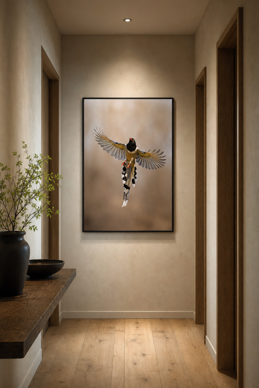Framed Wild China print above a cream sofa