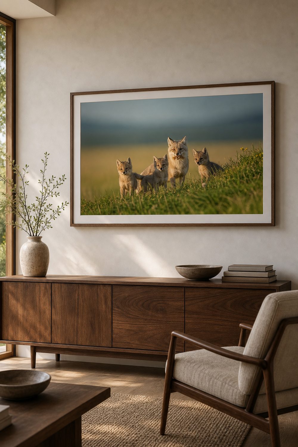 Framed Wild China print above a wooden sideboard in a lounge