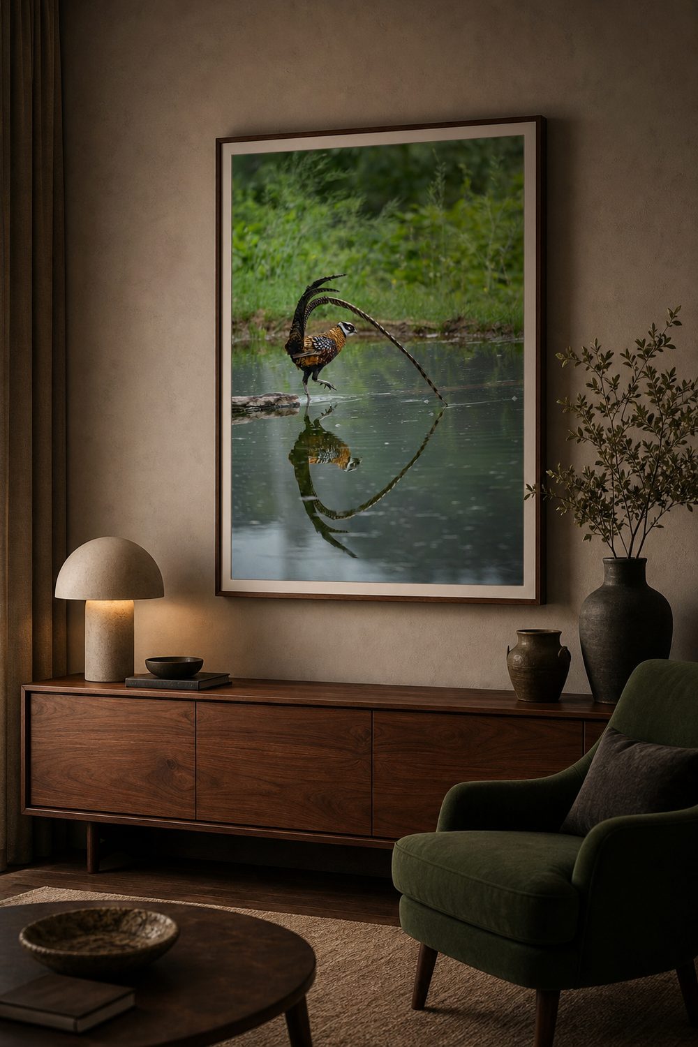 Large framed Wild China print above a wooden sideboard