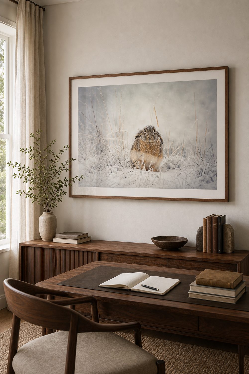 Framed Wild China print above a wooden writing desk